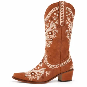 Bottes cowboy femme marron avec broderies florales écrues