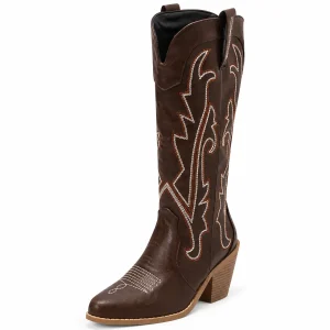 Bottes cowboy femme marron à broderies géométriques claires — vue principale
