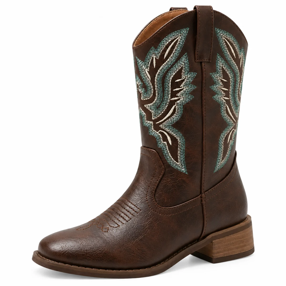 Bottes western femmes marron à motifs brodés verts