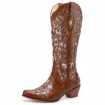Bottes cowboy femme marron avec décoration florale claire