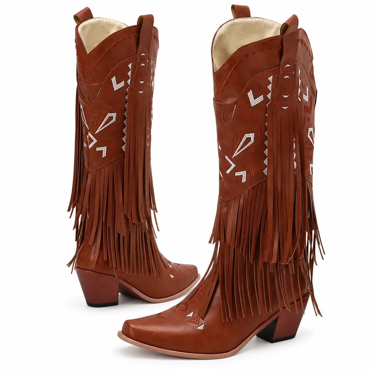 Chaussures cowboy femme en cuir marron avec détails de franges sur le côté