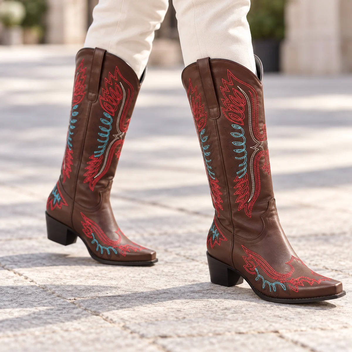 Chaussures cowboy femme marron à motif rouge vif pour mode western