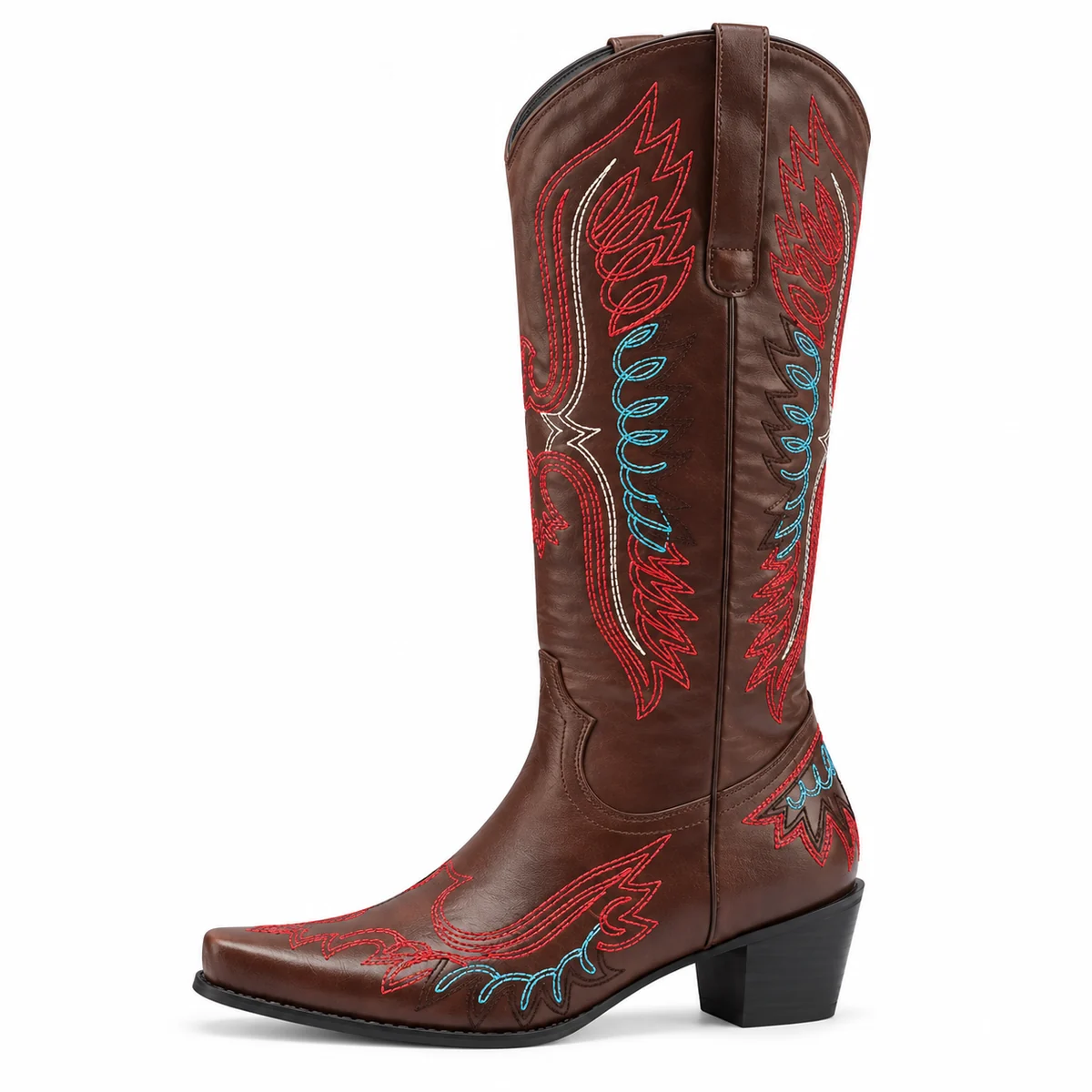Bottes en cuir marron pour femme avec design cowboy et motif rouge