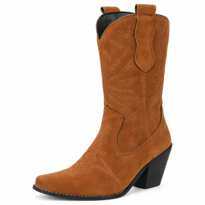 Bottes cowboy femme marron veloutées avec talon haut