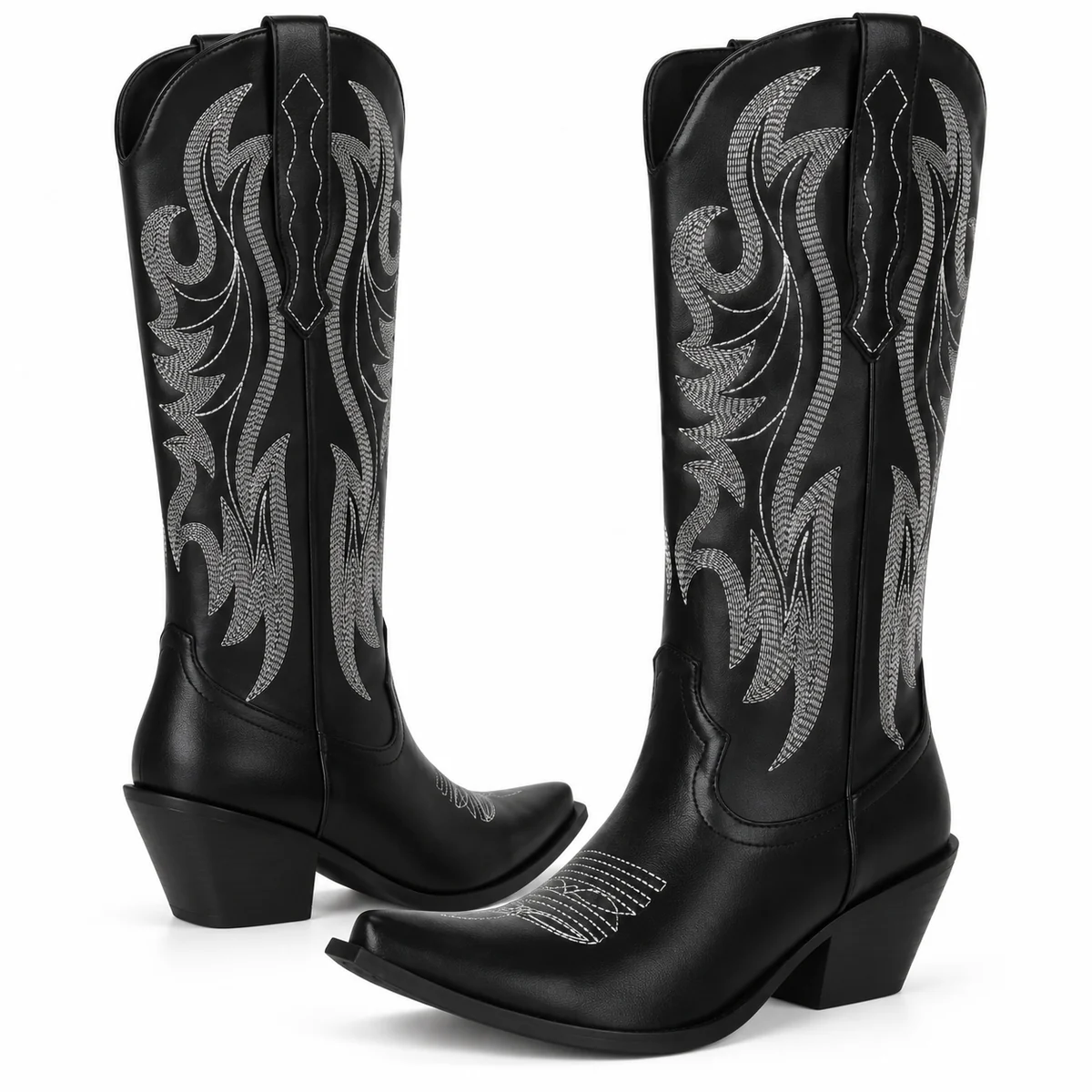 Vue latérale de bottes cowboy femme noires à broderies raffinées