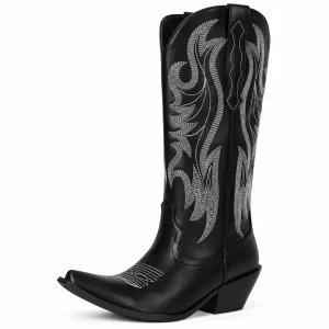 Bottes cowboy femme noires avec broderies ton sur ton élégantes