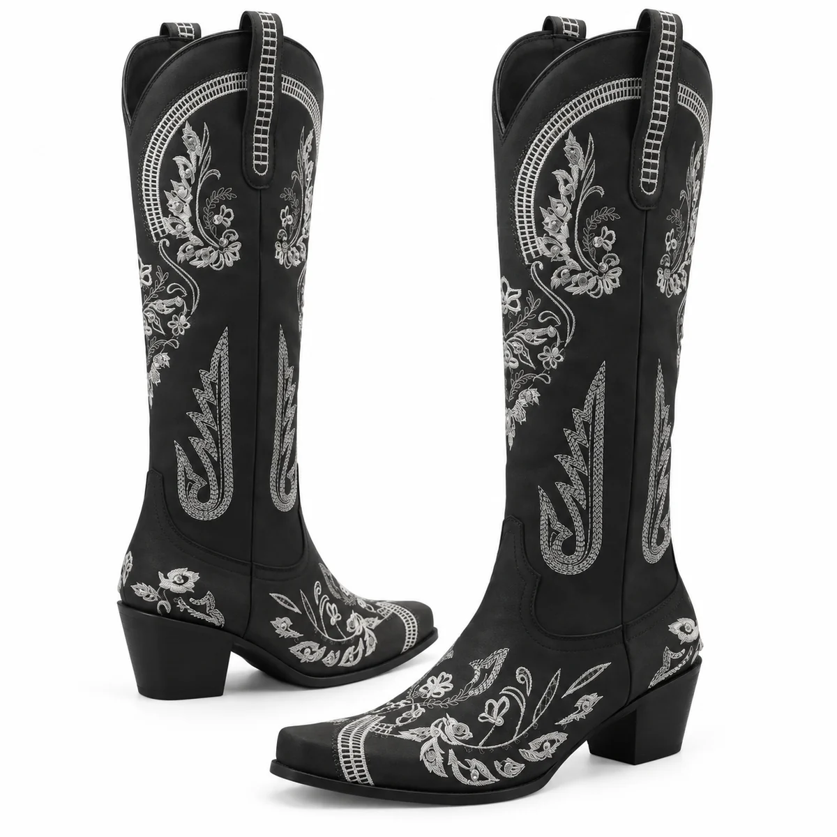 Chaussures cowboy femme noires en cuir avec détails floraux blancs