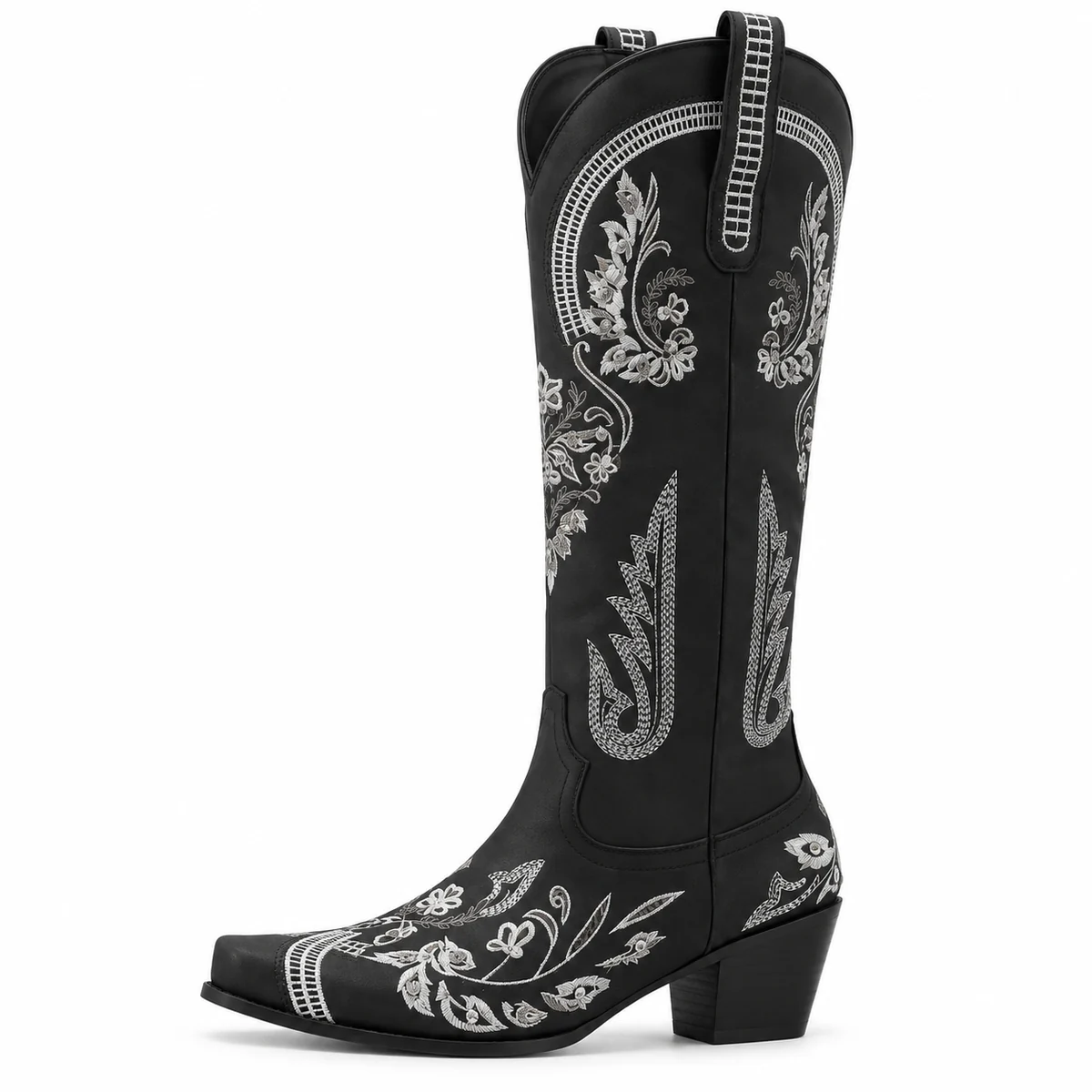 Bottes à talons cowboy femmes noires décorées de fleurs blanches