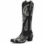 Bottes cowboy femme noires avec décor floral blanc élégantes