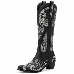 Bottes cowboy femme noires avec décor floral blanc élégantes
