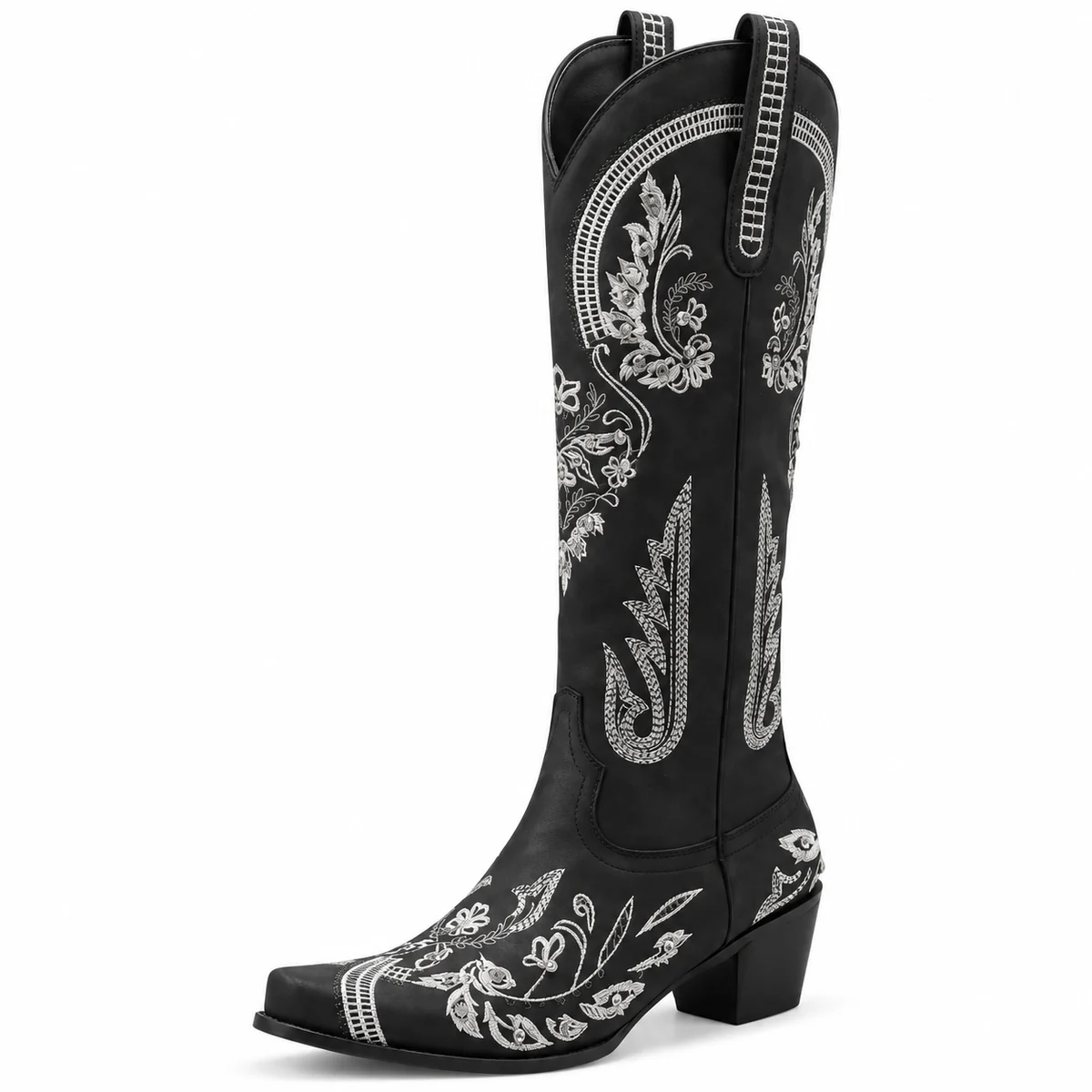 Bottes cowboy femme noires avec décor floral blanc élégantes