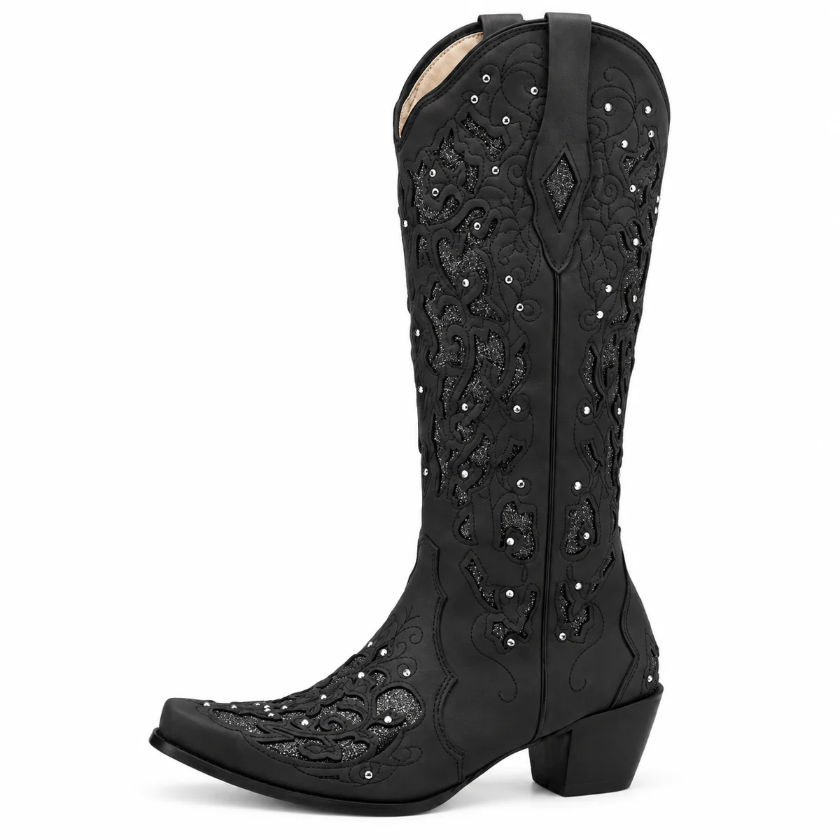 Bottes de cowboy noires féminines avec éléments brillants mode Western
