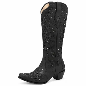 Bottes cowboy femme noires à détails brillants élégantes pour Western