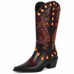 Bottes cowboy femmes noires avec motif de dragon et flammes en cuir