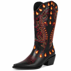 Bottes cowboy femmes noires avec motif de dragon et flammes en cuir