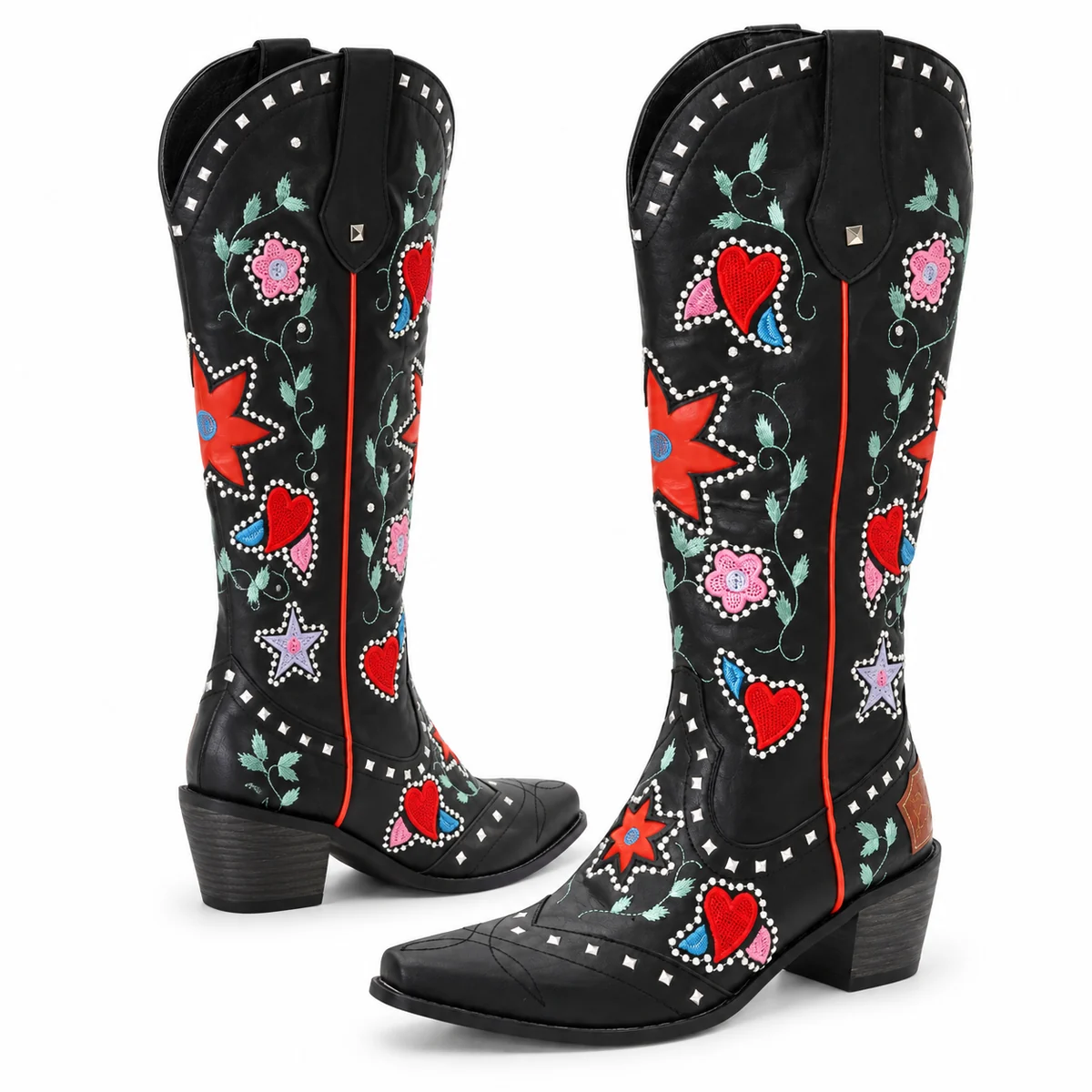 Chaussures cowboy femme avec motifs de fraises et fleurs en cuir noir