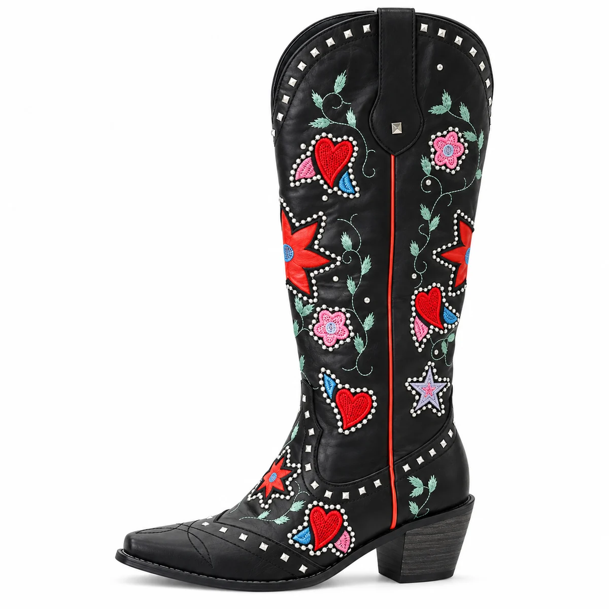 Bottes noires à fleurs et fraises pour femme, style cowboy tendance
