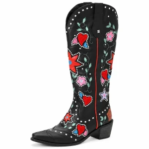 Bottes cowboy femme noires ornées de fraises et fleurs pour un style bohème