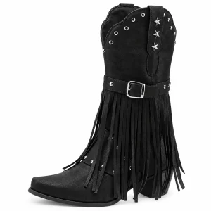 Bottes cowboy noires pour femme avec franges et boucle élégantes