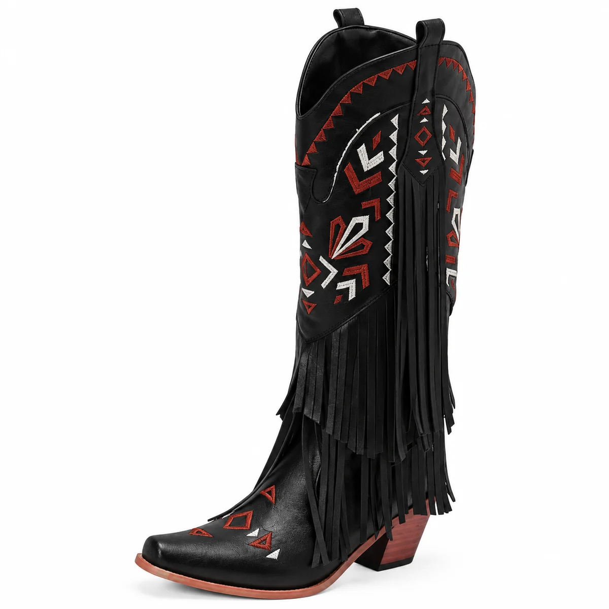 Paire de bottes cowboy noires à franges et motifs colorés parfaites pour look western femme