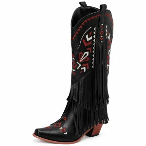 Bottes cowboy femme noires à franges avec motifs colorés pour un style western élégant