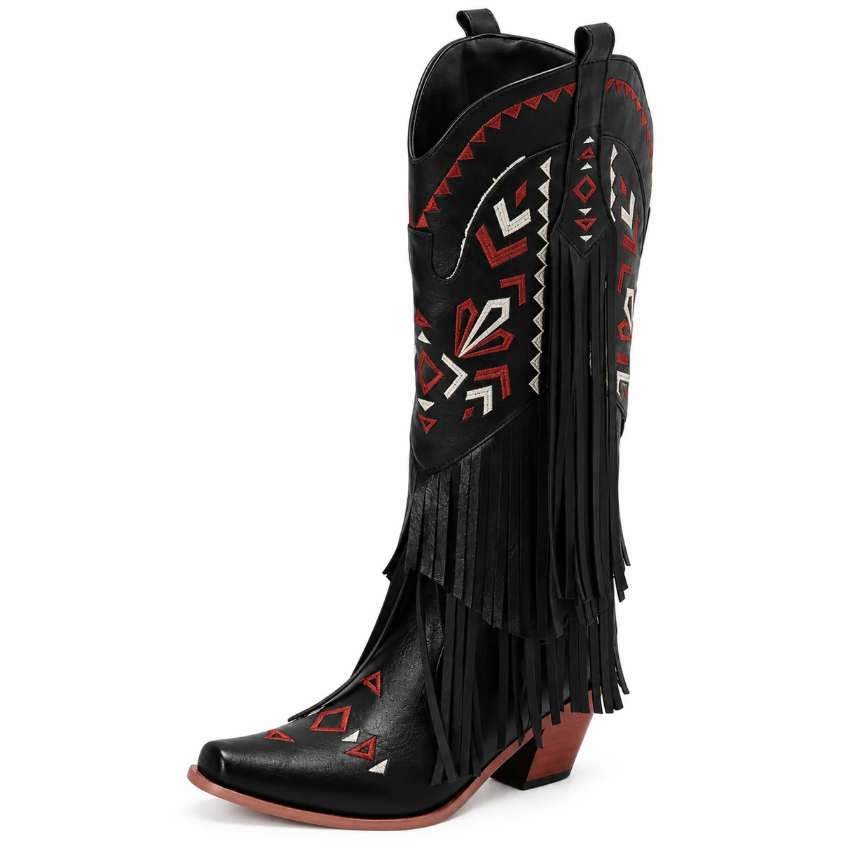 Bottes cowboy femme noires à franges avec motifs colorés pour un style western élégant