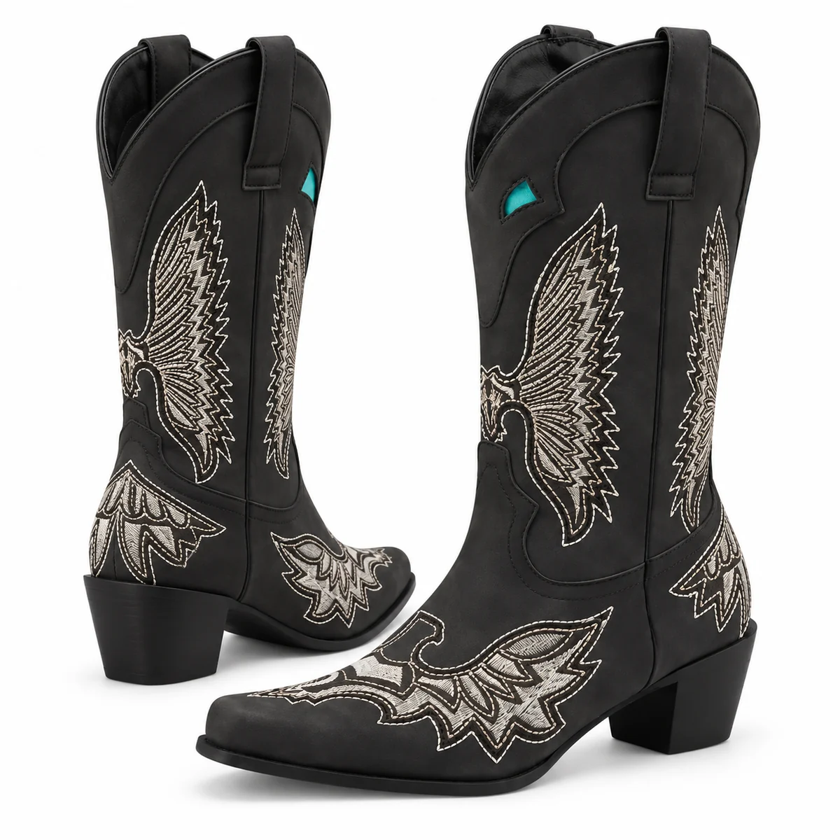 Chaussures cowboy femme avec motif ailé noir et style unique
