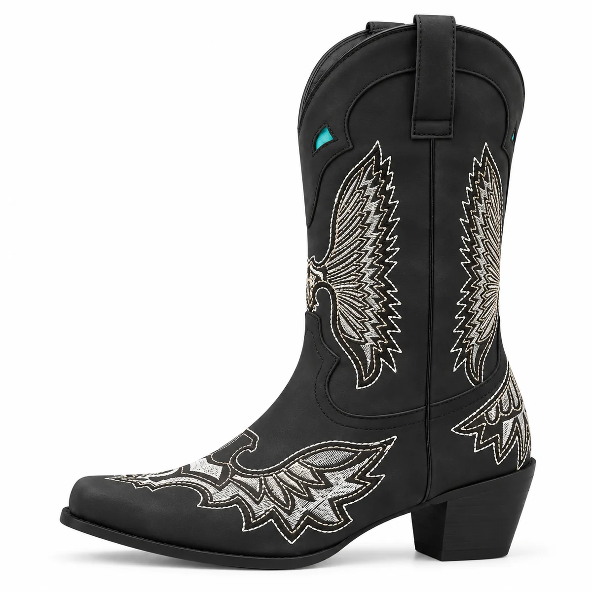Bottes de cowgirl noires à motif ailé design tendance pour femme