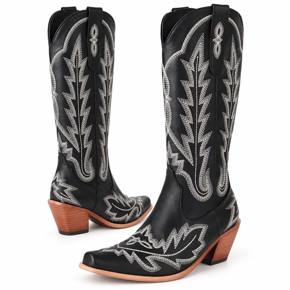 Chaussures cowboy femme noires avec détails en broderies grises