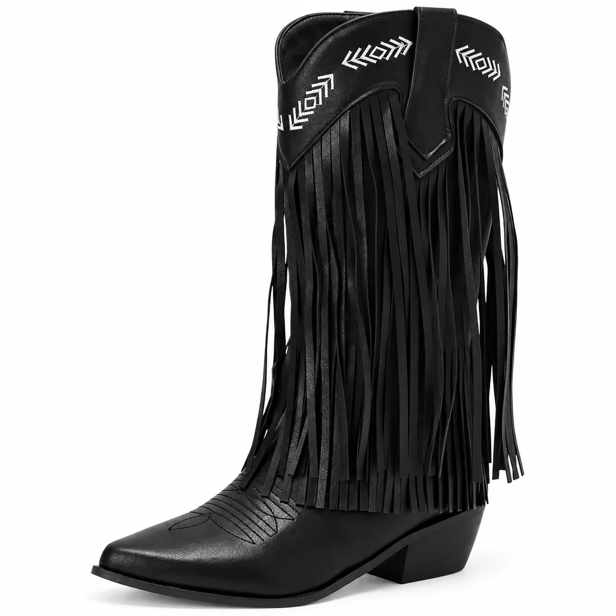 Bottes cowboy femme noires avec longues franges sur la chaîne de production