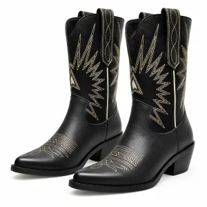 Bottes cowboy femme noires avec motif étoilé doré élégantes