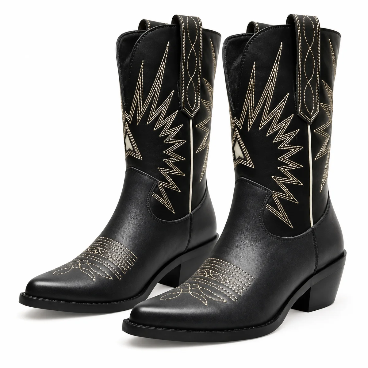 Bottes cowboy femme noires avec motif étoilé doré élégantes