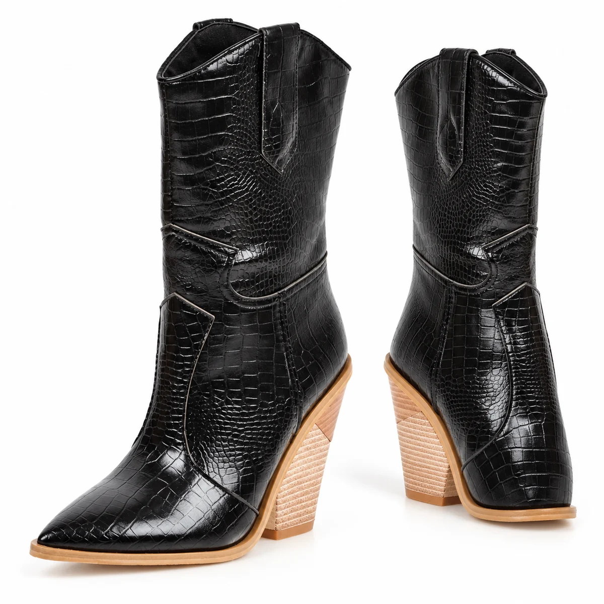 Vue de face des bottes cowboy femmes noires avec design effet croco et talon haut