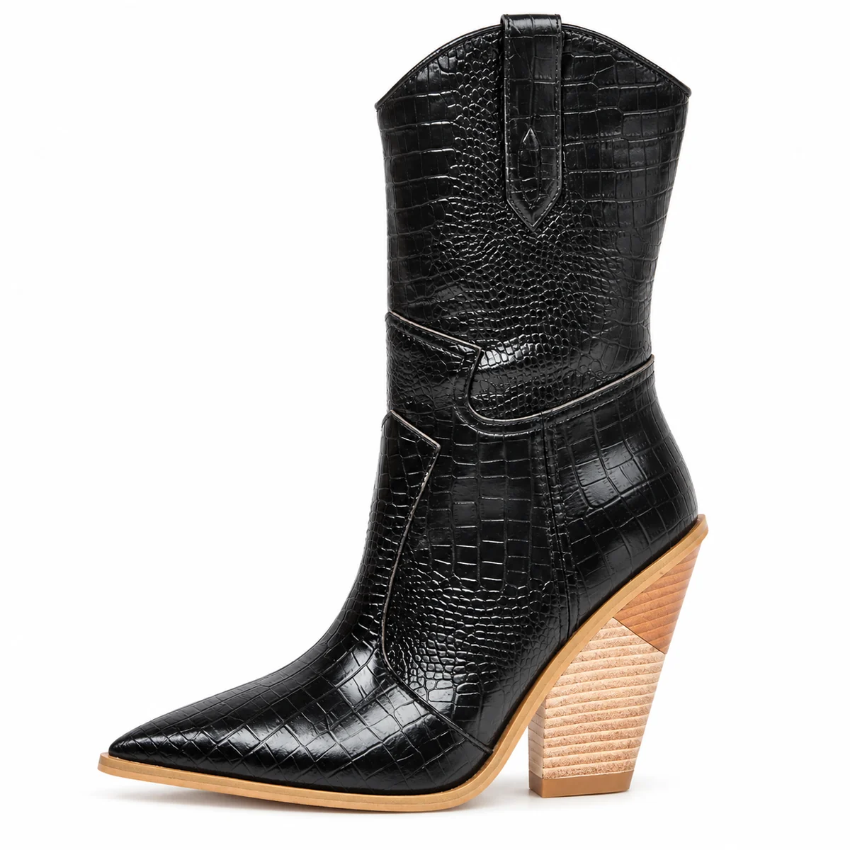 Bottes à talon haut en cuir noir effet croco pour femme cowgirl