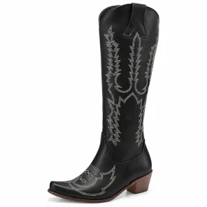 Bottes cowboy femme noires hautes à broderies grises élégantes