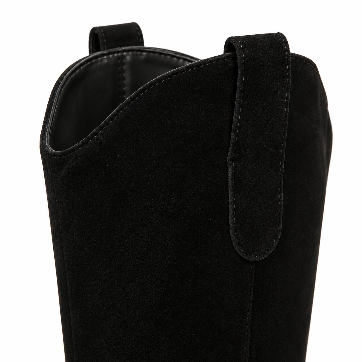 Bottes cowboy femme noires veloutées à talon biseauté — détail des matières et des fermetures