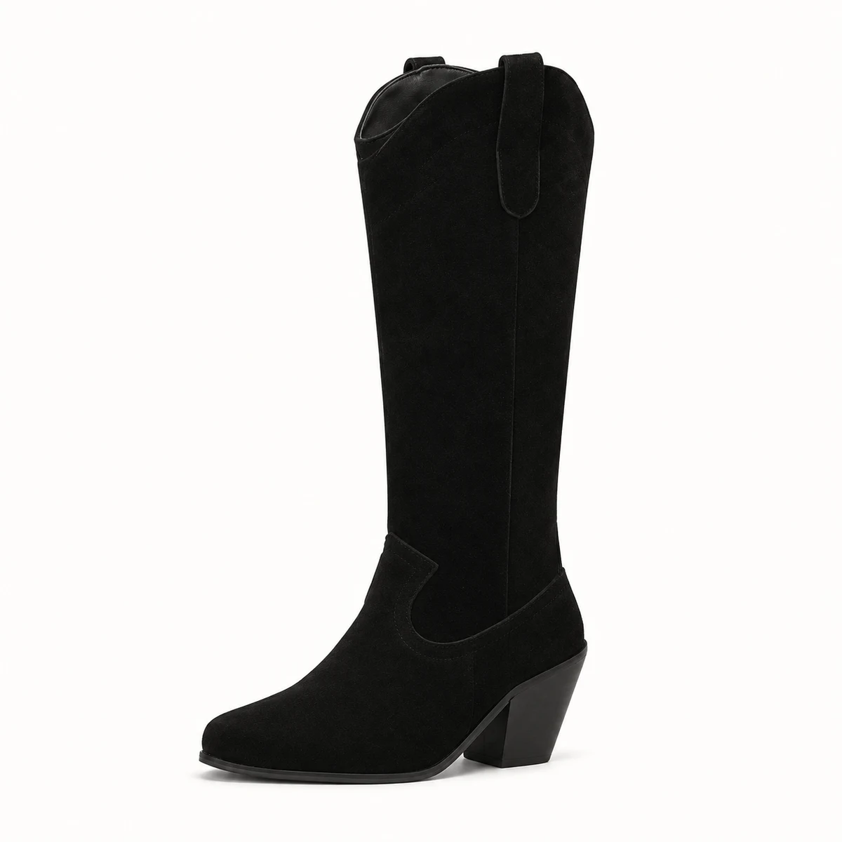 Bottes cowboy femme noires veloutées à talon biseauté — vue de profil sur fond clair