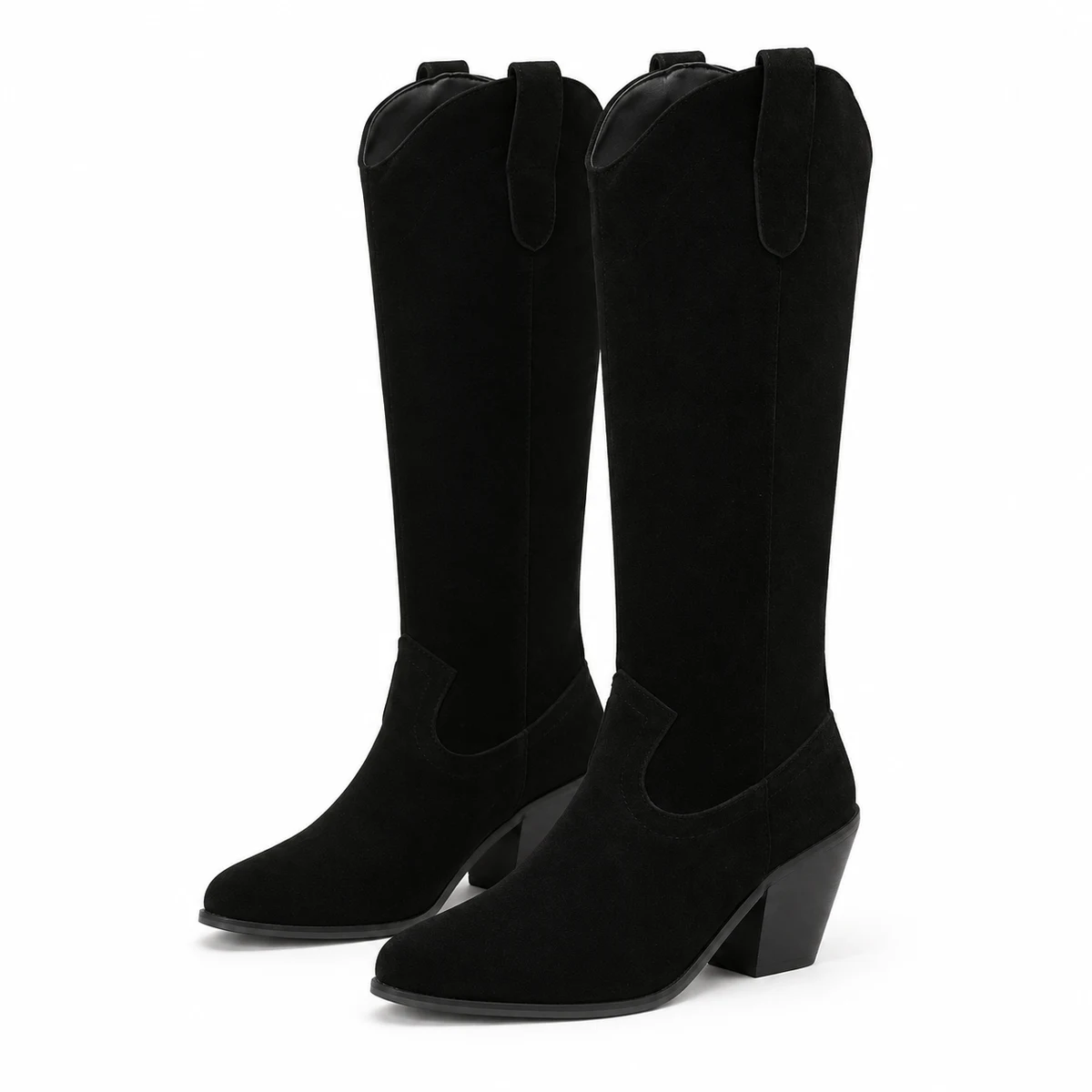 Bottes cowboy femme noires veloutées à talon biseauté — vue principale sur fond clair