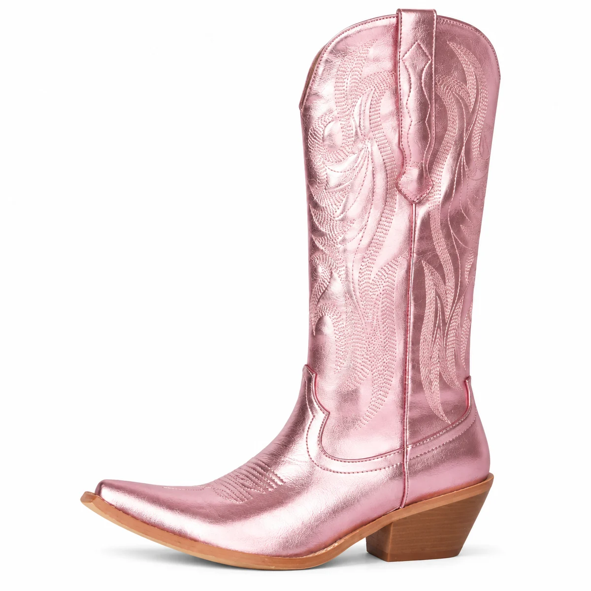 Détail de la finition métallisée sur bottes cowboy roses pour femme