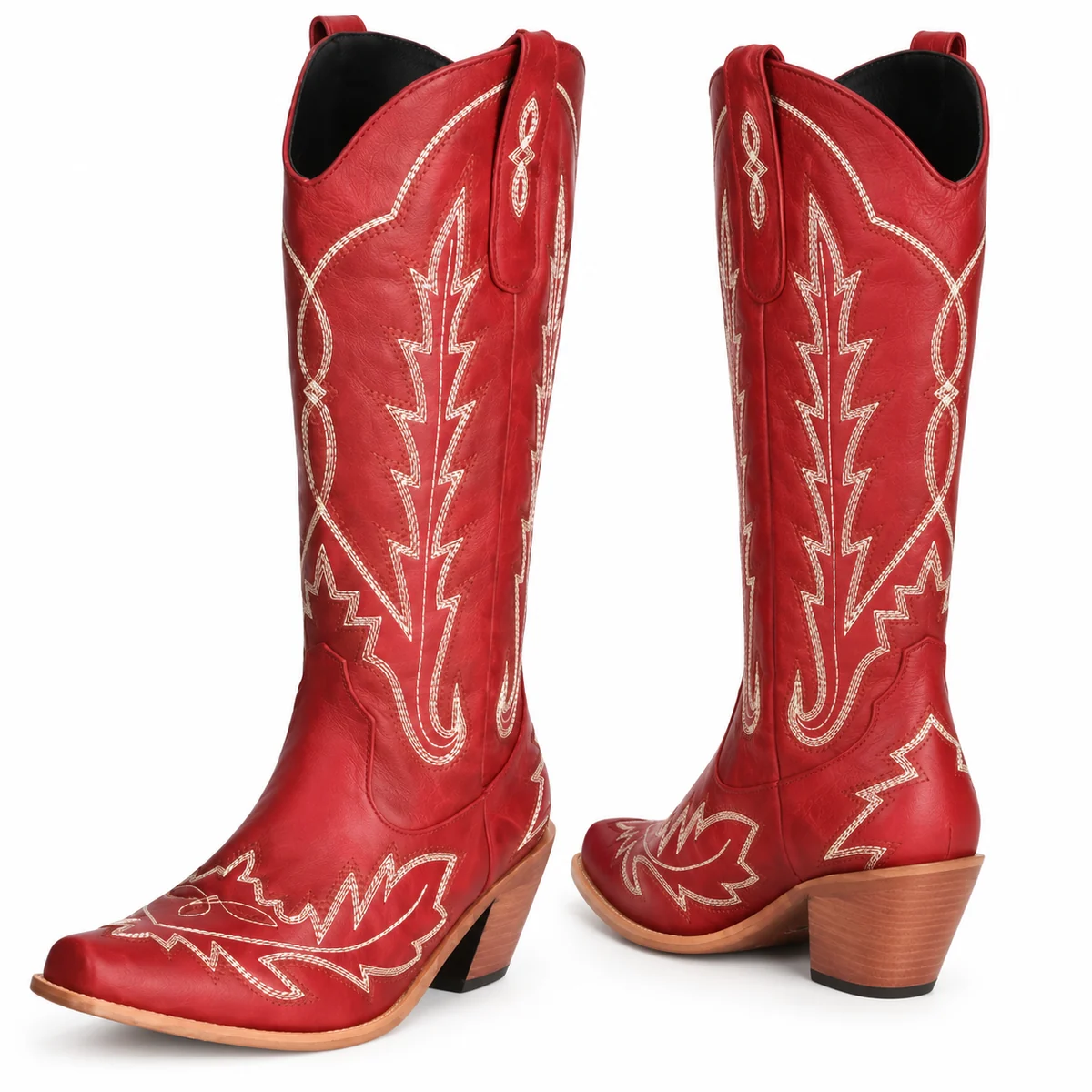 Bottes cowboy femme rouges à broderies beiges style western