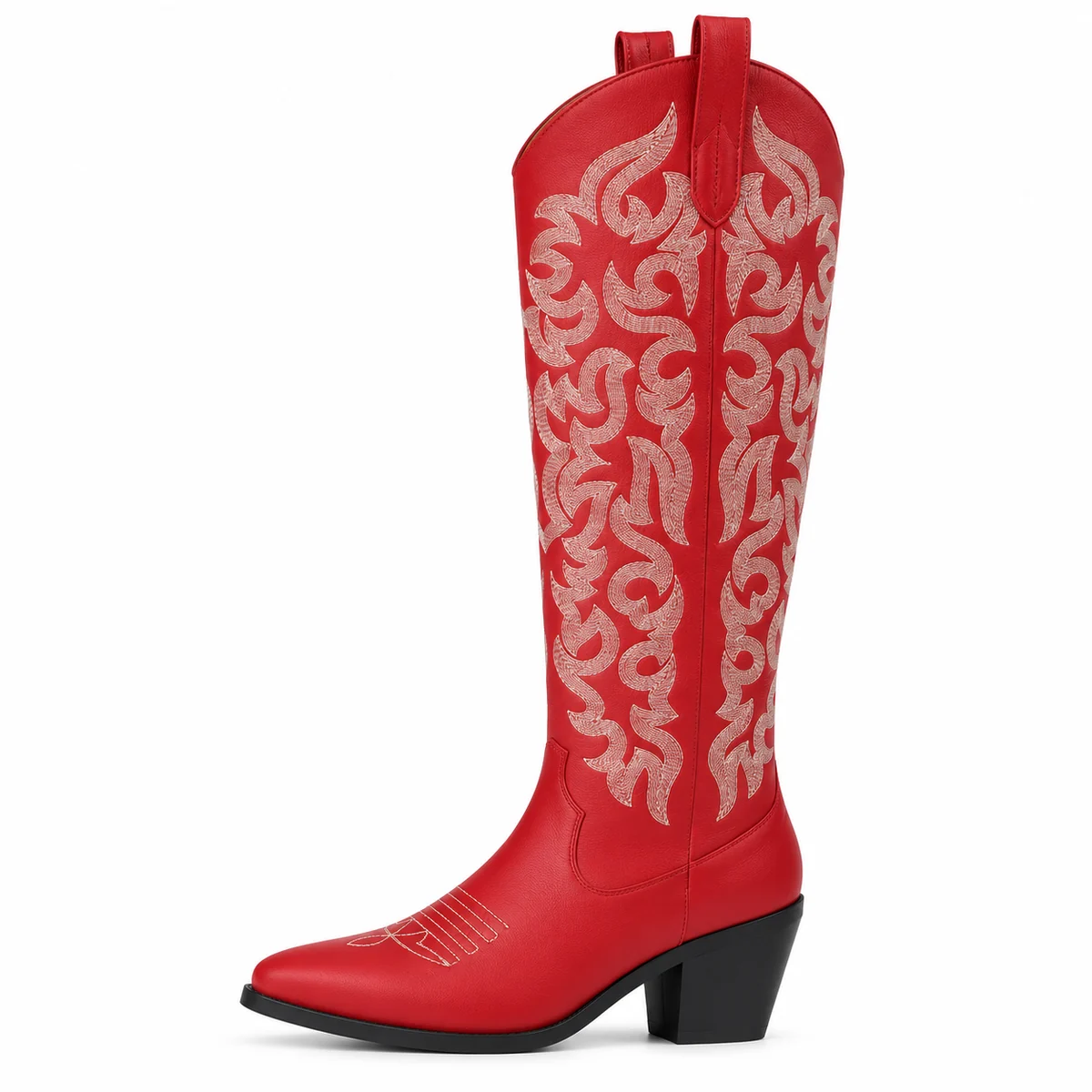 Bottes à talons cowboy femme rouges ornées de broderies florales colorées