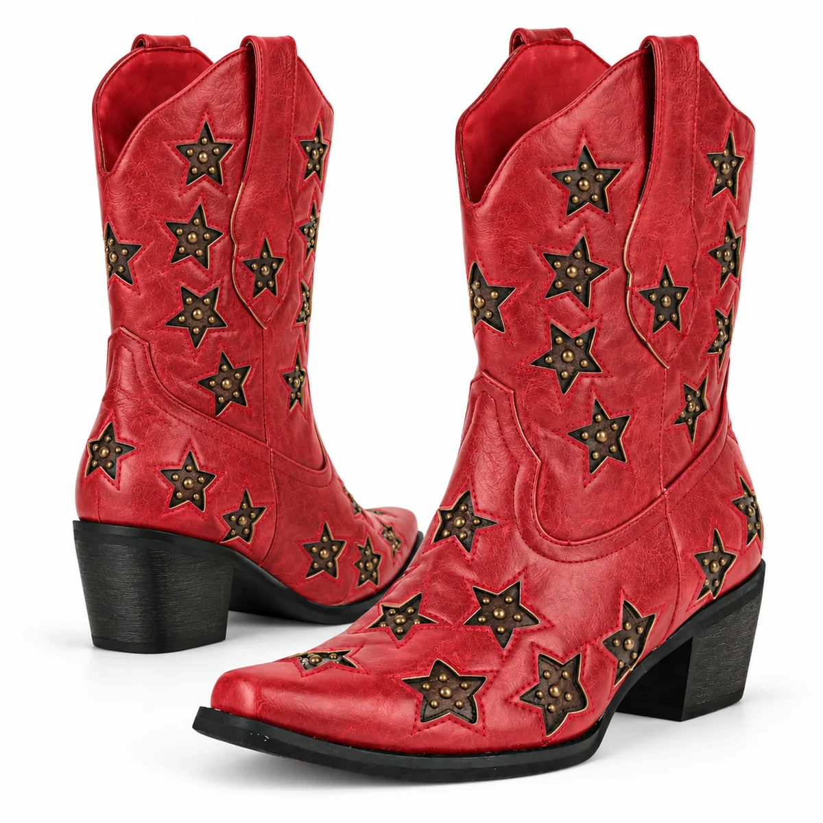 Chaussures cowboy femme rouges avec motifs d'étoiles pour look tendance