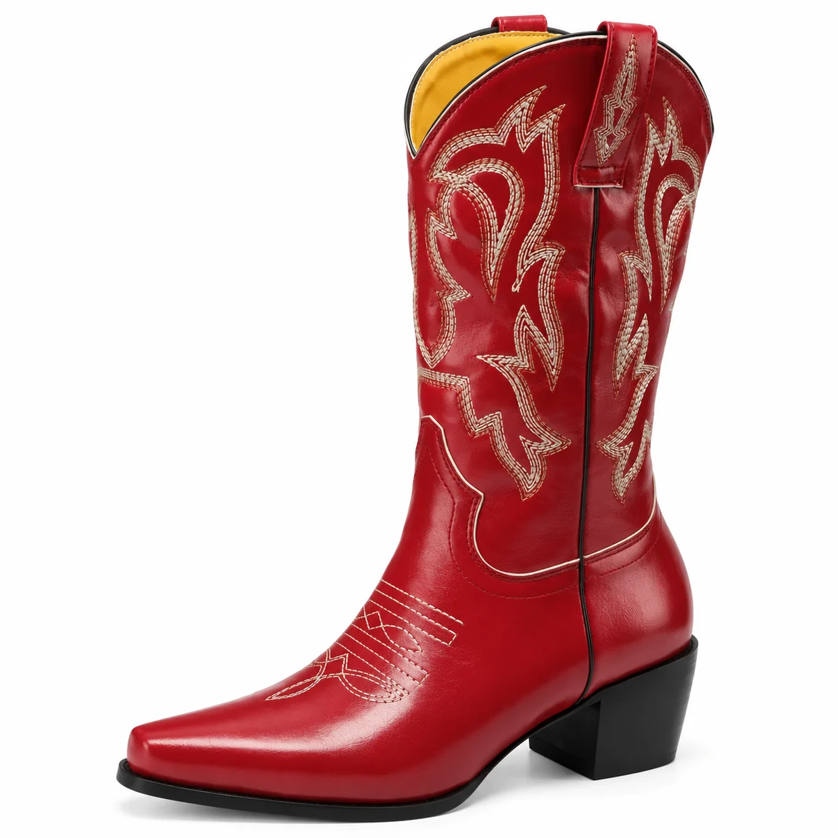 Bottes cowboy femme rouges avec grands motifs clairs en cuir