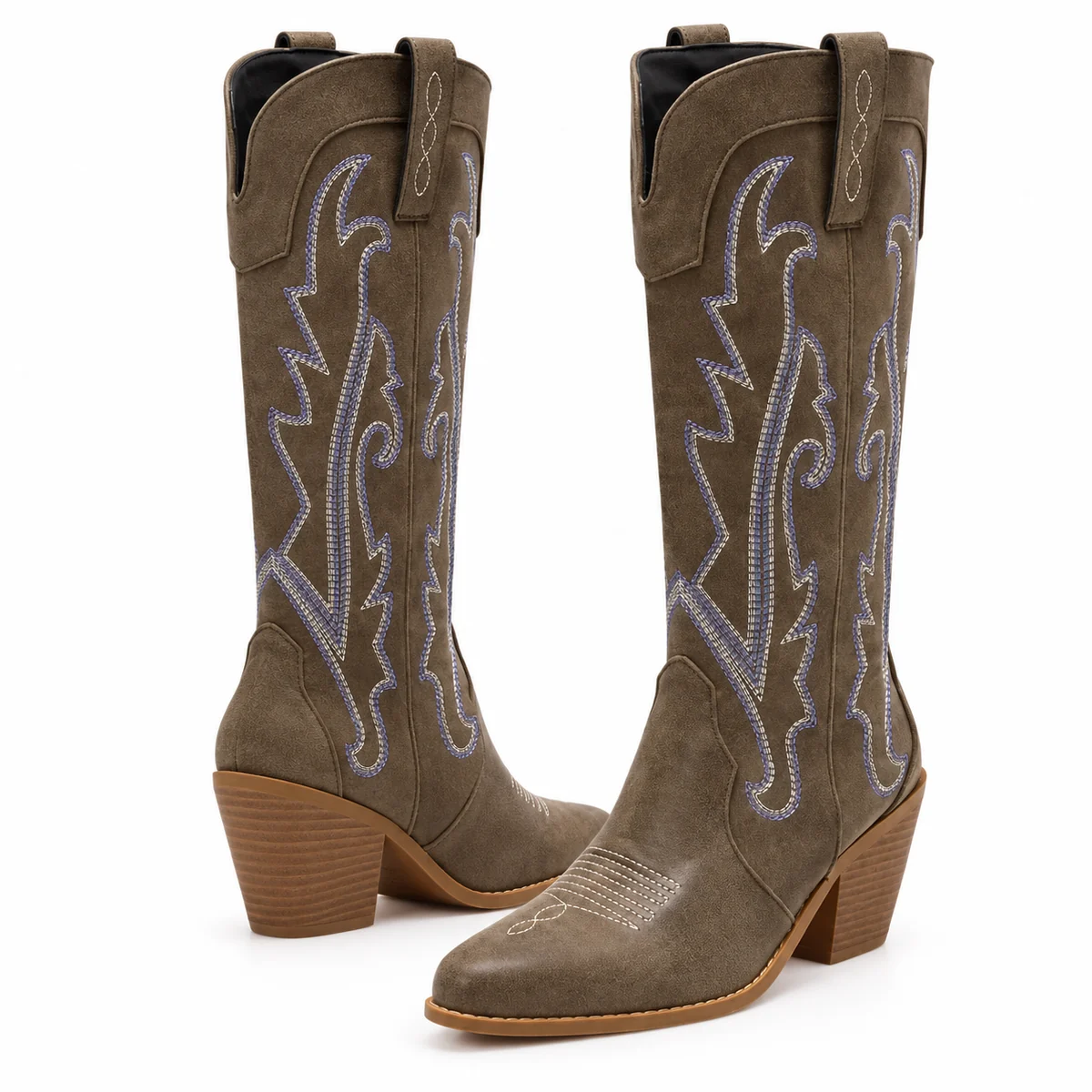 Chaussures cowboy femme taupe à broderies claires et design tendance