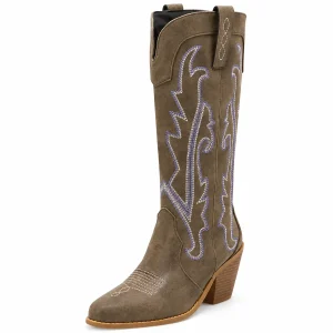 Bottes cowboy femme taupe avec broderies claires en détail