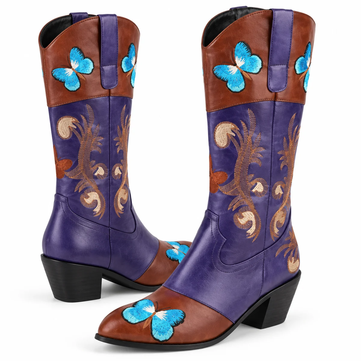Bottes cowboy femme violettes avec détails de papillons pour style unique