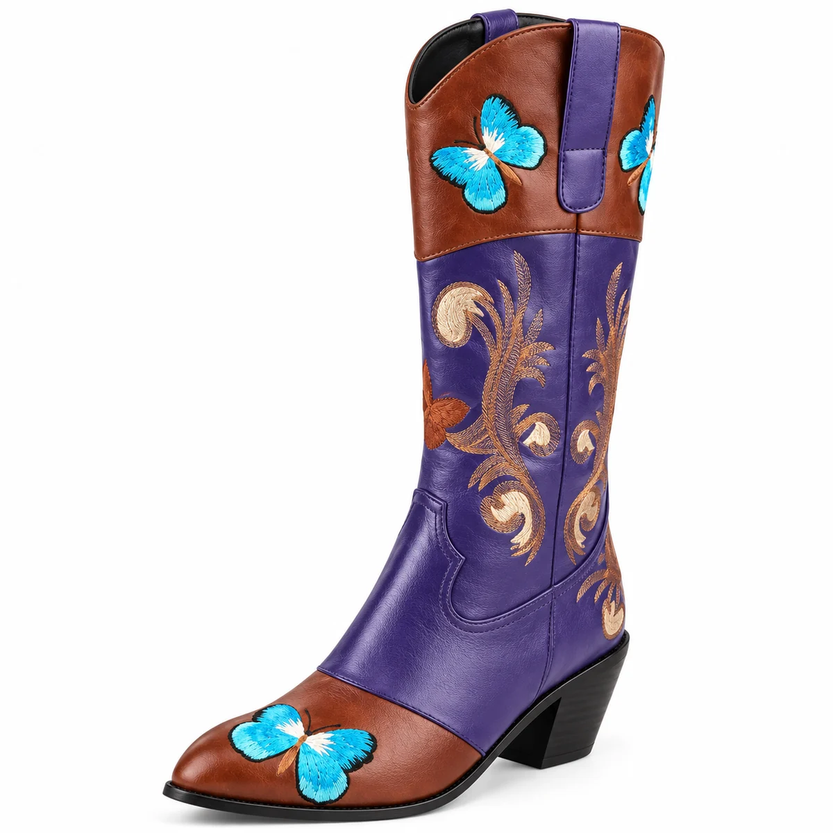 Bottes cowboy violettes pour femme avec motifs papillons colorés