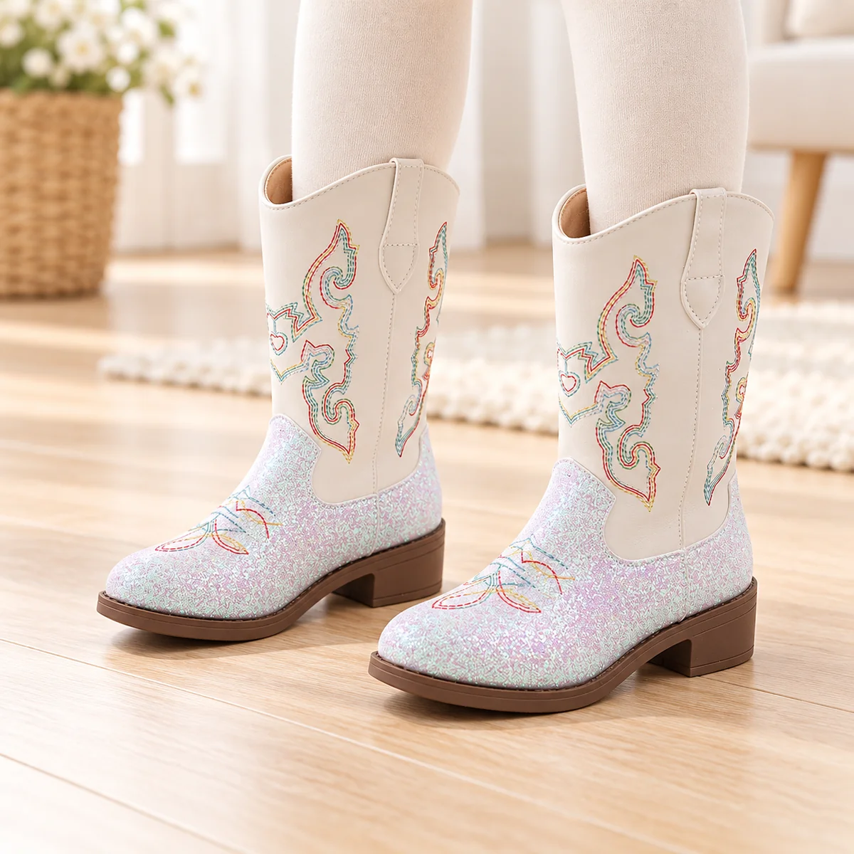 bottes cowboy fille beiges brodees a z 44512 11a porte