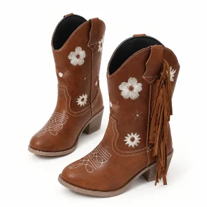 Bottes cowboy fille marron à fleurs et franges devant