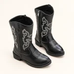 Bottes cowboy noires pour fille avec broderies élégantes et zip pratique